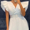 D3079 free belt  european and american foreign trade women's clothing  sexy v neck flying sleeves pressed pleated cross-border dress