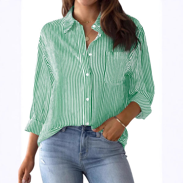 Cross-Border Women's Button-Up Shirt Striped Classic Long Sleeve Collar Office Work Shirt, Top Strap