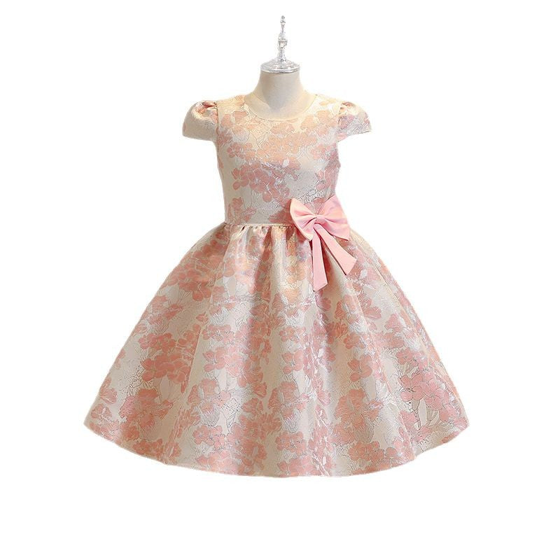 Girls' gold-threaded short-sleeve birthday & first birthday dress - stylish princess gown for kids' parties & performances - in stock