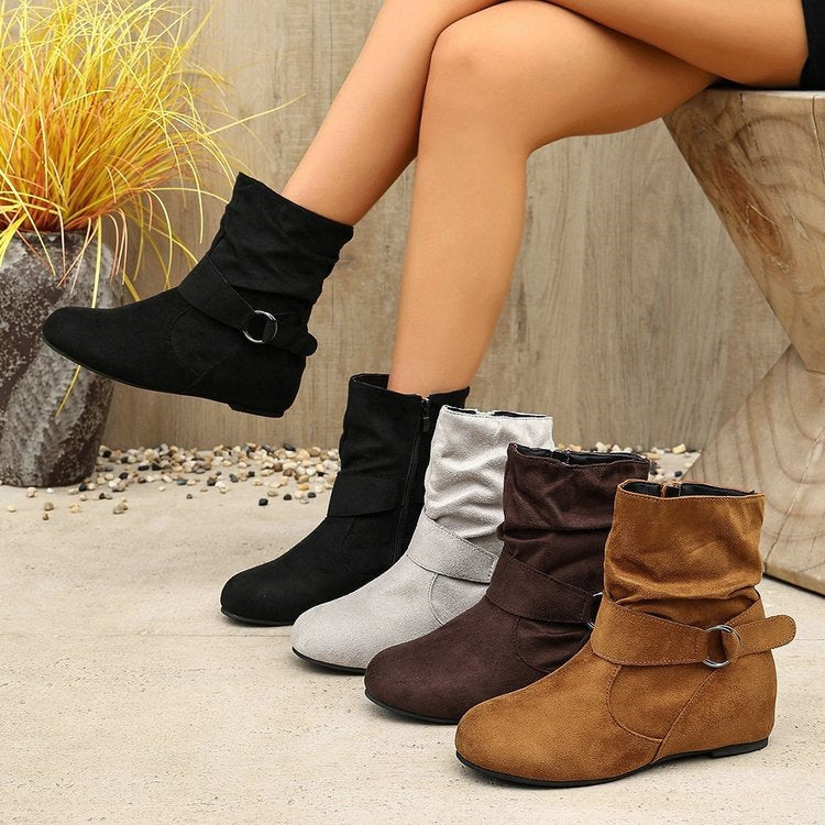 Exportretroboots cross-border plus size suede flats belt buckle women's short boots zipper round toe women's boots wholesale