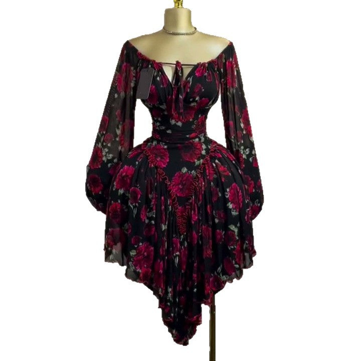 European and american cross-border women's fashion:  summer new arrivals - sexy, elegant, tie-up, printed, slim-fit, asymmetrical mini dress