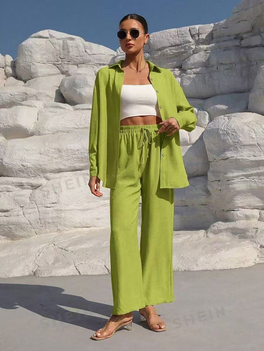 Europe and the United States  fashion spring and autumn style temperament large size women's long-sleeved cardigan two-piece set casual solid color set