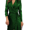 new european and american independent fashion women's sexy cinched waist multi-color sequin suit collar tie-up dress