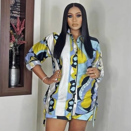 European and American large size fashion lapel print long-sleeved cardigan shirt African foreign style women's loose casual shorts set