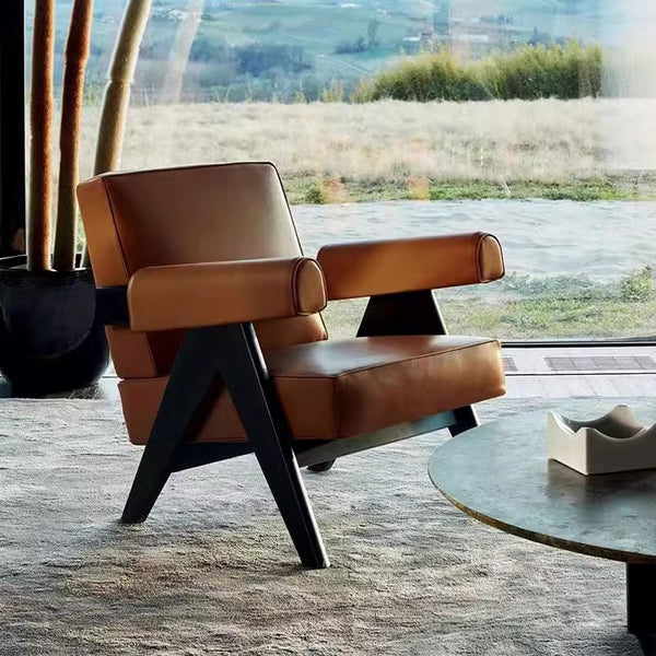Retro Solid Wood Single Sofa Chair Wabi Wind Furniture Casual Double Leather Art Fabric Armrest Sofa