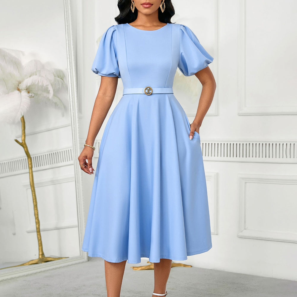D590 european and american women's clothing  summer fashion puff sleeve elegant high waist solid color round neck large skirt african dress