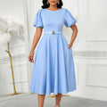 D590 european and american women's clothing  summer fashion puff sleeve elegant high waist solid color round neck large skirt african dress