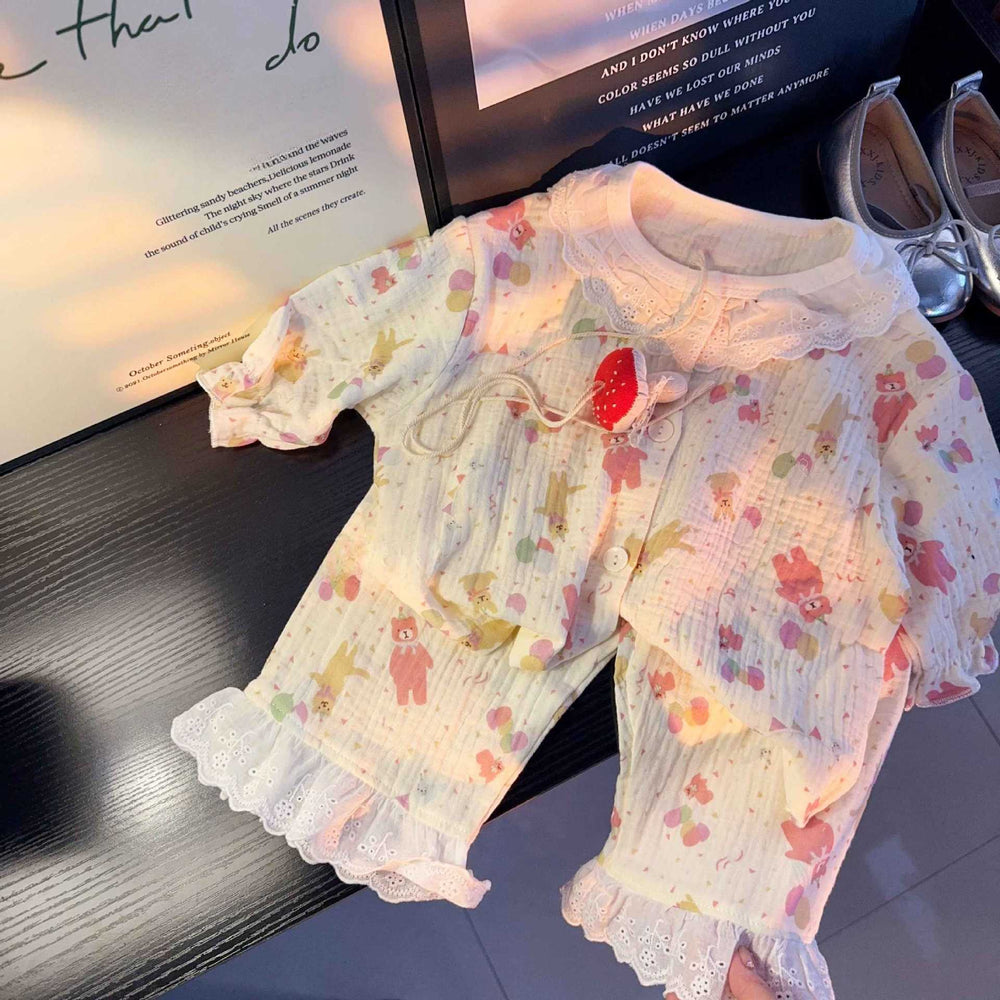 Warm and blooming girls' home wear set:  new sweet & cute floral lace long-sleeve outfit - trendy wholesale