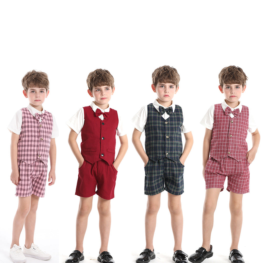 New boys' spring plaid vest three-piece set: gentleman's outfit for older boys, perfect for baby's first birthday celebration