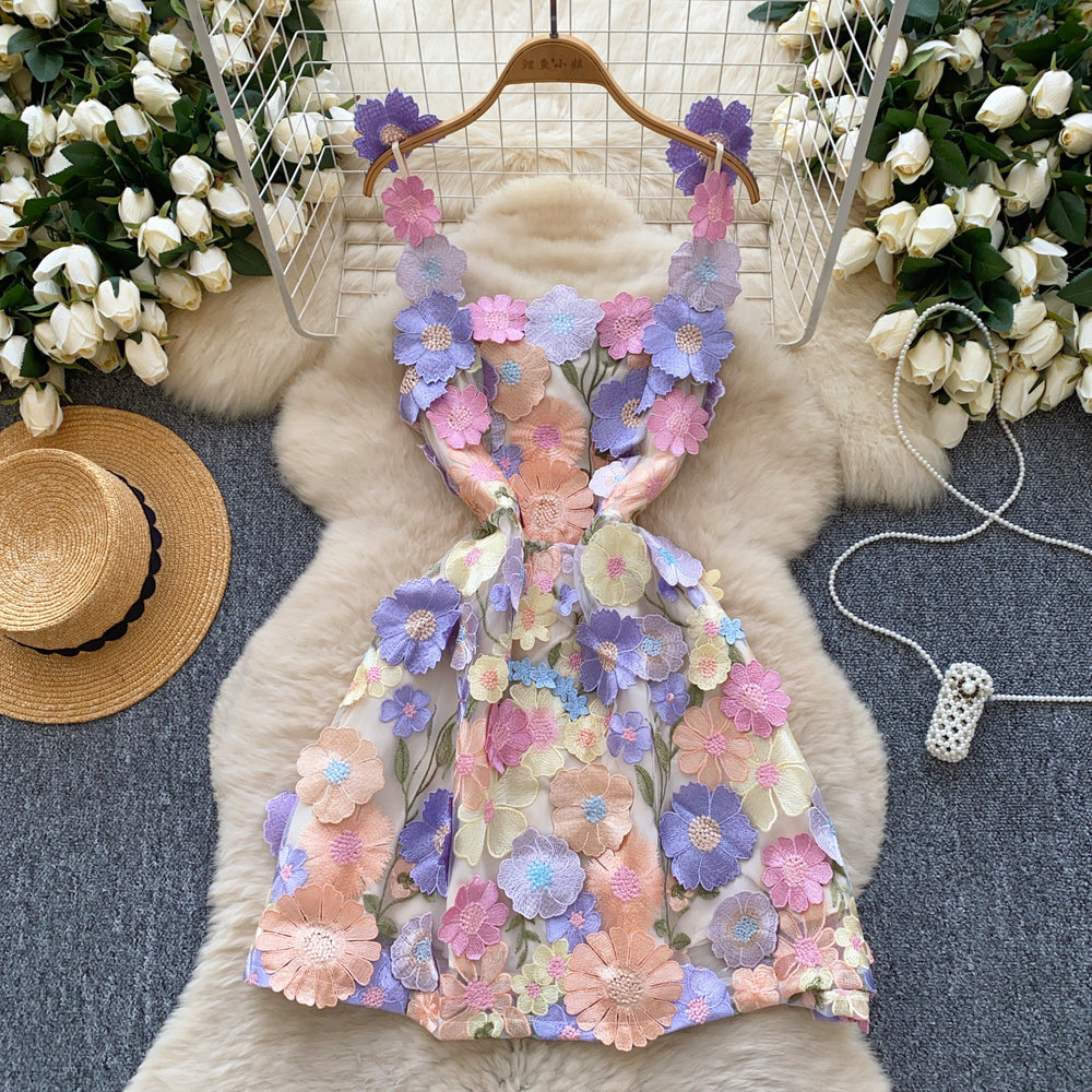 Exportniche stylefrenchsense of designstereo flower mesh embroider waist silm suspender a-line dress short skirt