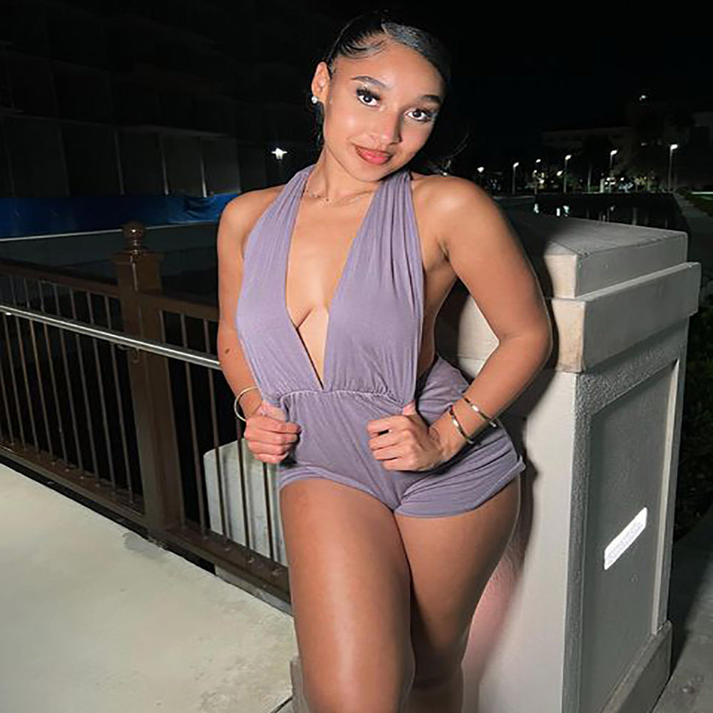 European and american cross-border women's fashion:  summer new arrivals - nightclub sexy hot girl deep v solid color halter backless jumpsuit