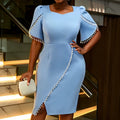 Am041040 african plus size elegant women's dress - square neck pearl detail slit midi dress