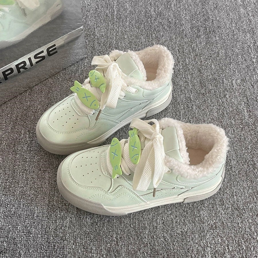 Niche style design fleece-lined cartoon sneakers for women 2026new arrivalwintereasiest for matchthick solewhite shoesheattechcasual shoes