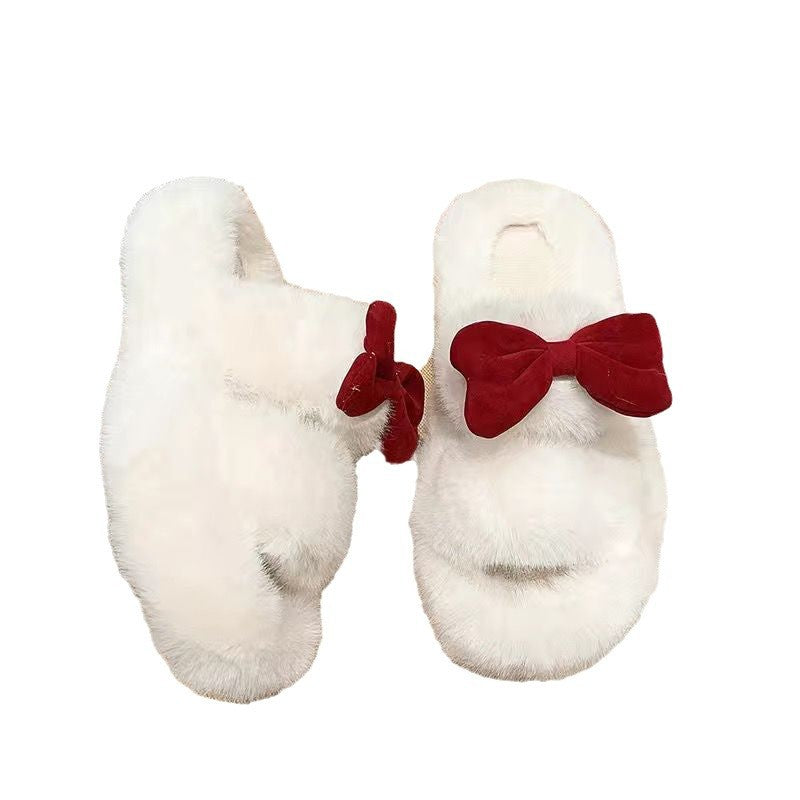 Fairy-style bowknot fuzzy slippers for women, premium autumn/winter 2024, perfect for student dorms and office use, cotton slippers
