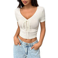 European and american cross-border women's summer new v-neck tie-up short sleeve base layer top, casual versatile slim-fit t-shirt