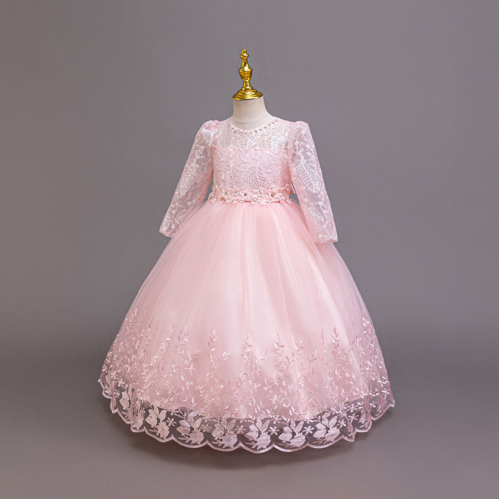 Export ready-to-ship long-sleeved children's formal dress, lace princess dress for girls, flower girl piano recital dress, girl dress