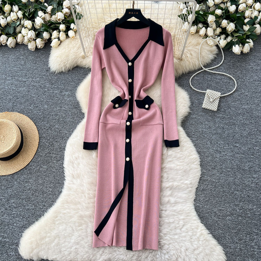 French chic color block v-neck single-breasted knit dress - slim fit bodycon maxi dress