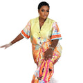 European and american style women's  autumn new collection: sweet and fresh printed blazer collar short sleeve shirt and high-waisted straight-leg pants two-piece set