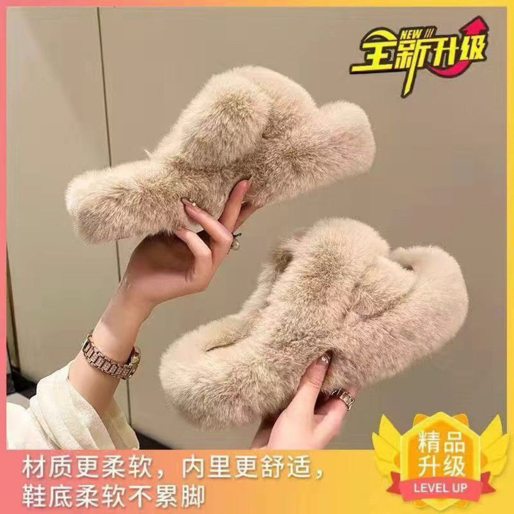 Fall and winter 2023new arrival fur slippers women's fashionoutwearstuffedthick sole slippers k-style cross strap home cotton slippers