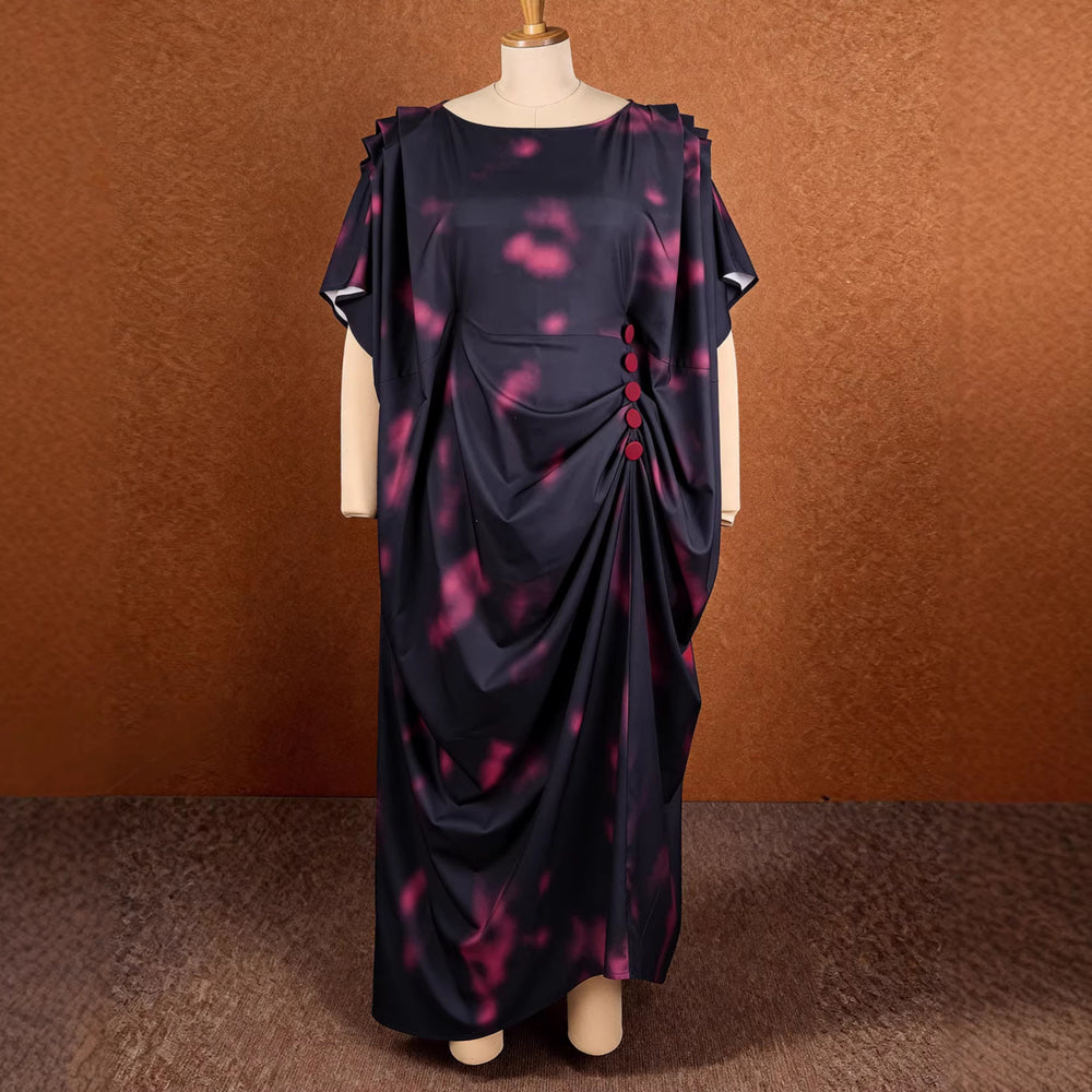 New african batwing sleeve crew neck dress - loose fit printed drawstring waist slimming maxi dress bubudress
