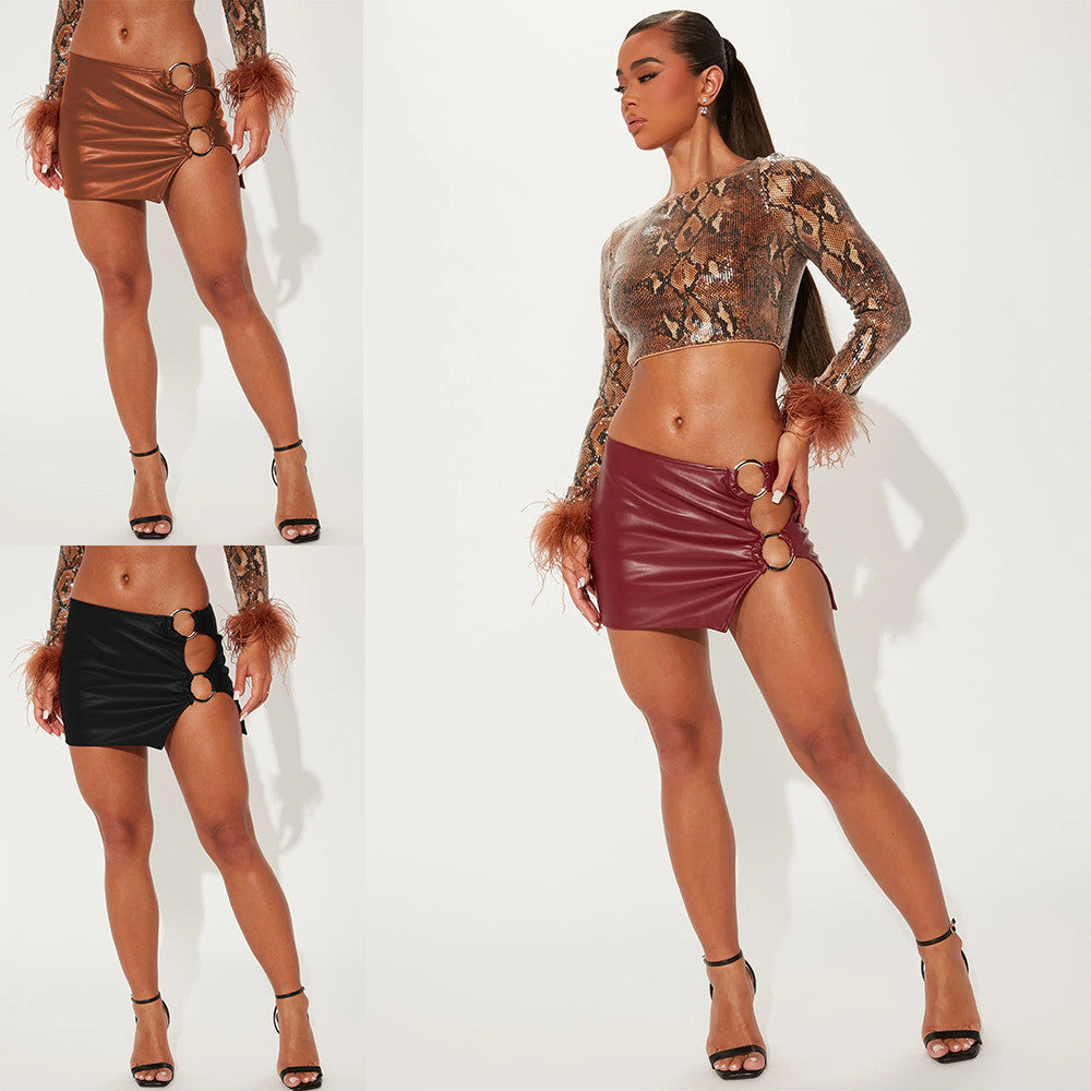 Fashion metal ring sexy miniskirt pu leather slit style nightclub women's skirt cross-border new popular hip skirt