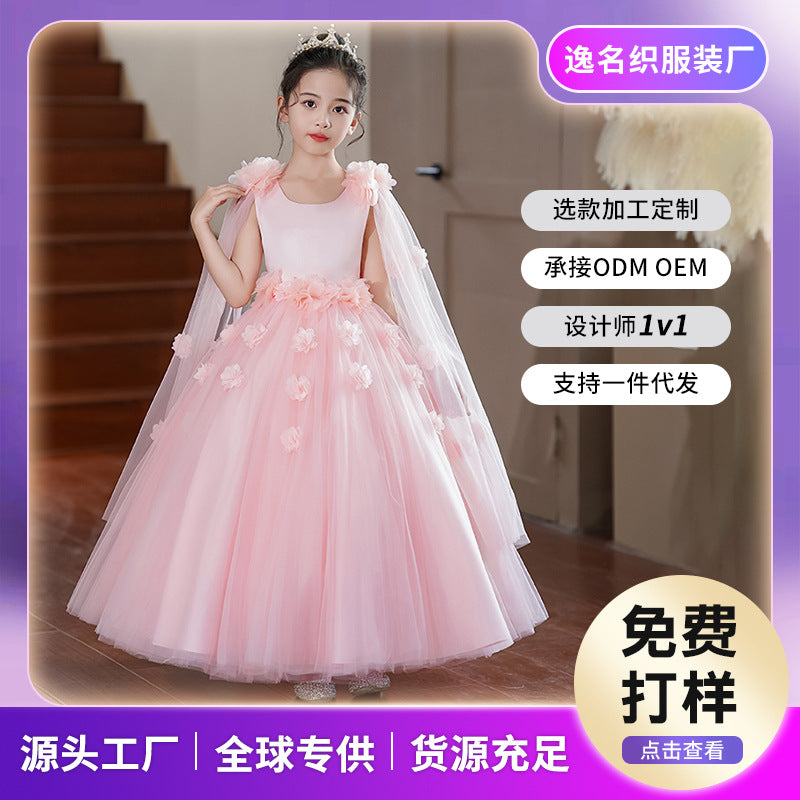 Customized export girls' dresses with shawl, ribbon, host performance, mesh, high-end children's princess dress for runway show and performance