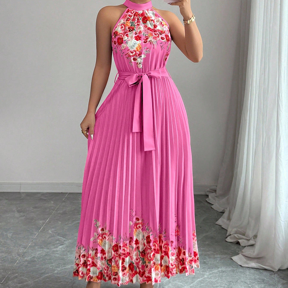 European and american cross-border women's summer  elegant halter neck tie waist floral print pleated maxi swing dress