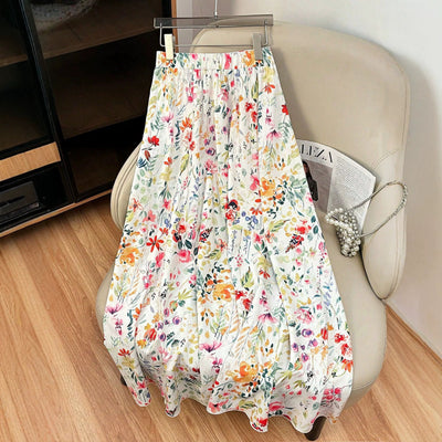 e-commerce women's summer a-line skirt, featuring a playful floral print and elastic waistband for a relaxed fit