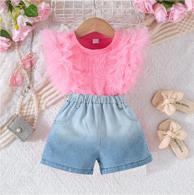 new girls' pink mesh ruffle sleeveless top + gradient rhinestone denim shorts set