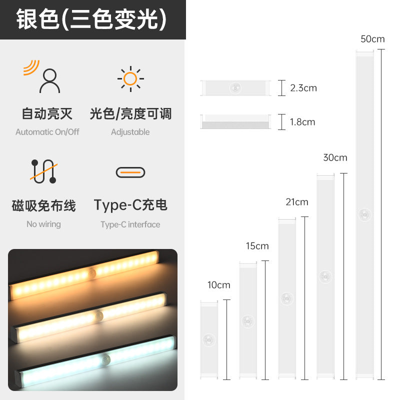 Led motion sensor light, smart magnetic self-adhesive night light, rechargeable strip light for wardrobe and cabinet