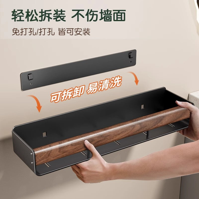 Walnut bathroom storage rack - no drilling required, wall-mounted organizer for vanity, sink, toilet, and bathroom accessories