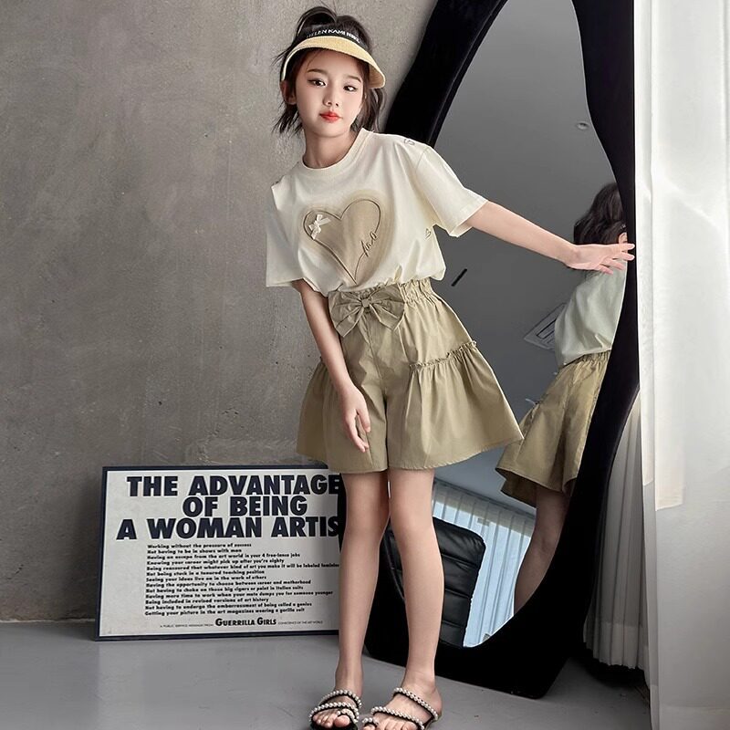 Girls' summer korean style outfit  new casual girl's short sleeve and shorts two-piece set student sweet t-shirt