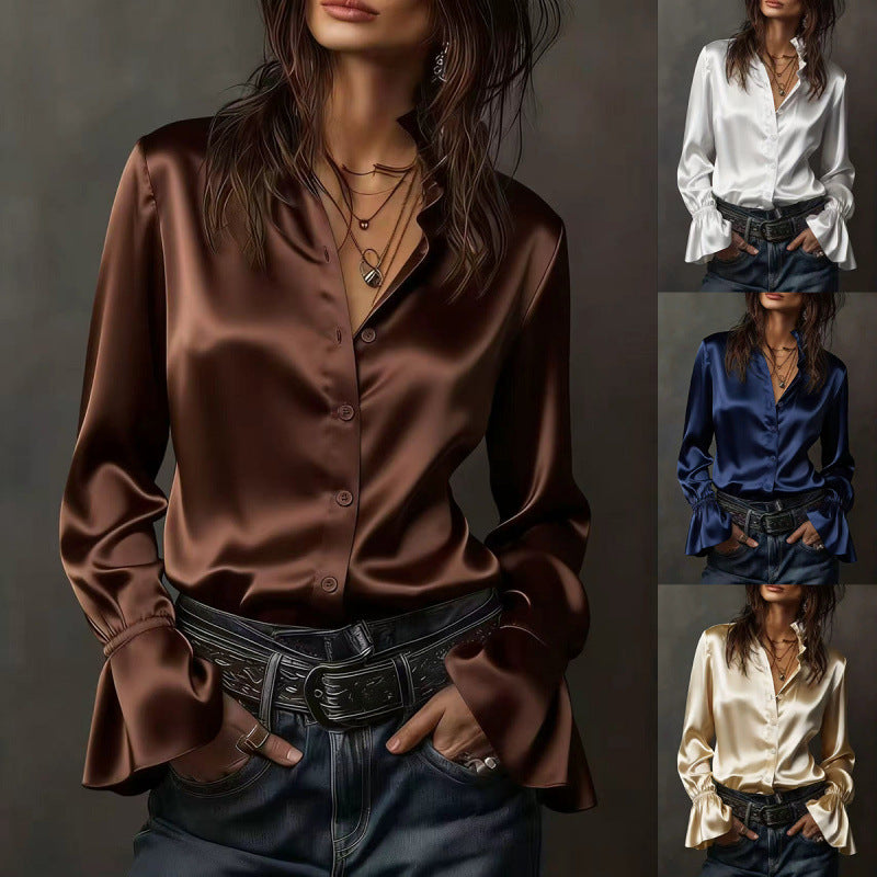 new arrival: solid color wale satin long sleeve blouse