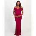 Women's burgundy off-the-shoulder maternity mermaid maxi dress: elegant and comfortable evening gown for pregnancy
