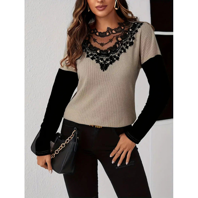 Shipped: european and american cross-border e-commerce lace patchwork hollow-out loose long-sleeve top -  independent website