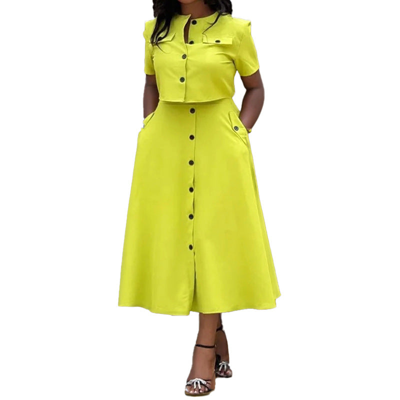 cross-border e-commerce european and american women's clothing: new summer collection - solid color commute style short-sleeve single-breasted long dress set