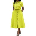 cross-border e-commerce european and american women's clothing: new summer collection - solid color commute style short-sleeve single-breasted long dress set