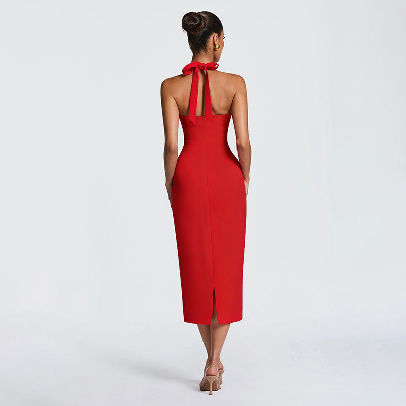 European and american women's clothing  spring/summer new solid color casual slim-fit sleeveless halter neck tie-up midi dress wholesale