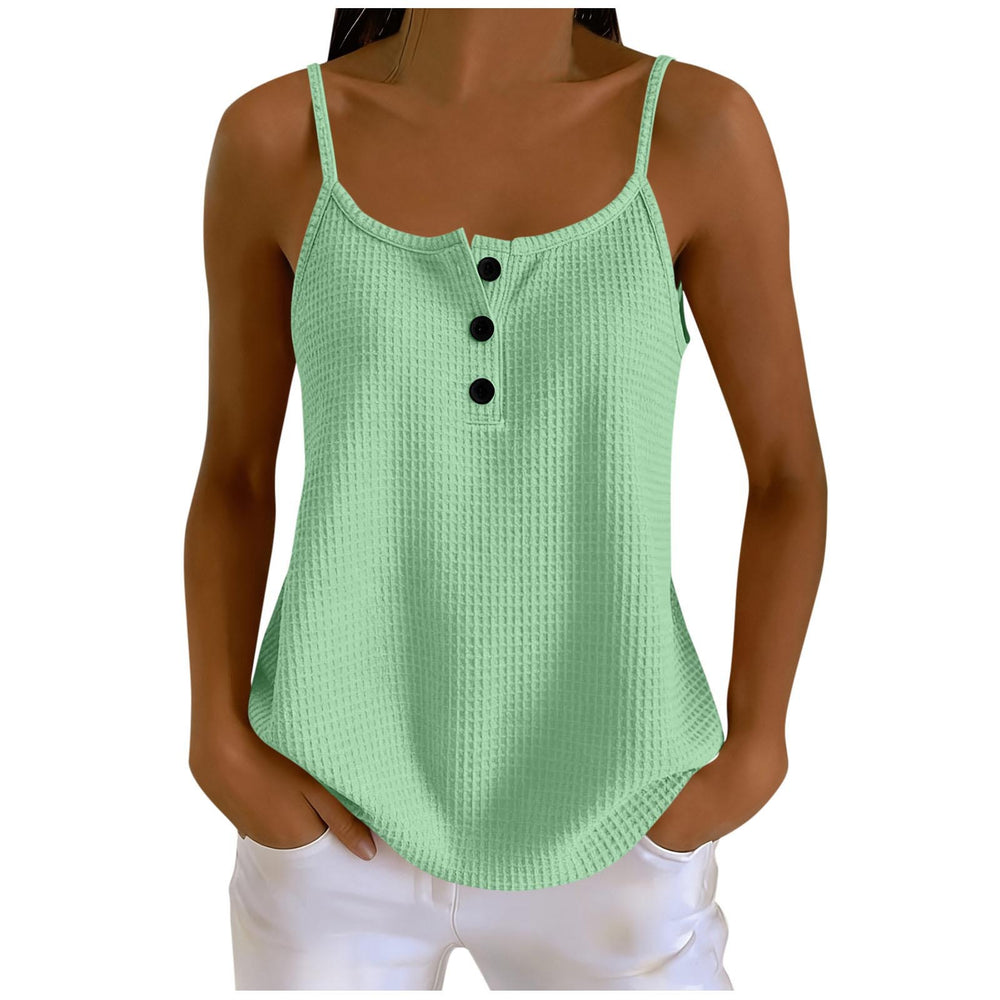 european and american summer new arrival: solid color waffle knit patchwork cami top with adjustable straps, slimming design, and button closure