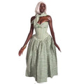 European and american women's clothing  autumn new collection: sweet and fresh striped bandeau high-waisted slimming a-line midi dress