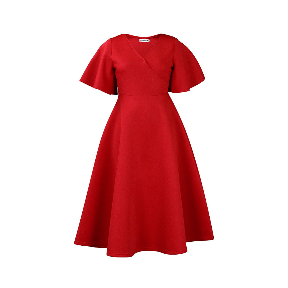 D3191 cross-border women's clothing  new style bell sleeves v neckfashionelegant large skirt dress european and american dress