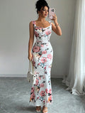 summer  cross-border e-commerce european and american women's fashion printed slim-fit slit backless camisole dress