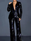 summer cross-border jumpsuit: new european and american style  women's long-sleeve v-neck sequin jumpsuit two-piece set