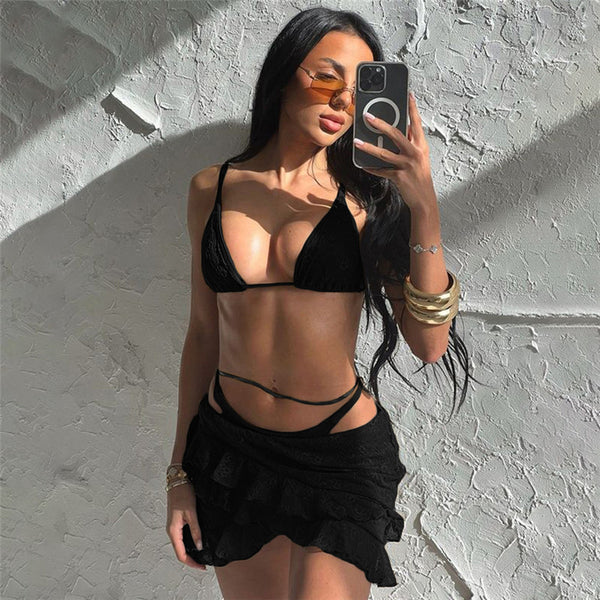 European and American style 2024 summer  new sexy Spice Girl open button lace crochet strap bikini skirt set