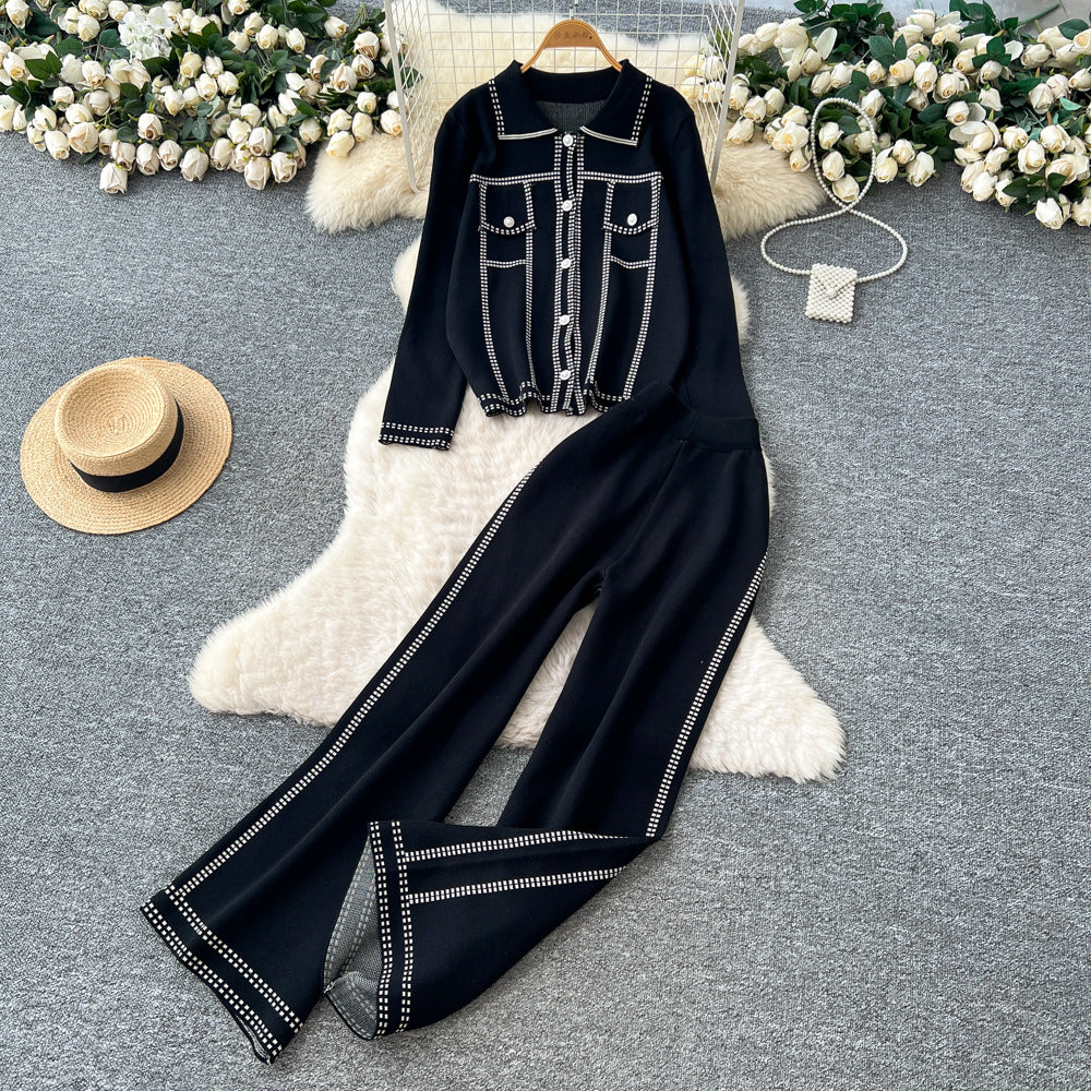 Xiaoxiangfeng wear women's autumn fashionfashioncontrast color topstitch lapel long sleeveslooseknittingtopshigh waistloose pants