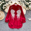 Classy heavy industry diamond-encrusted polo collar long sleevesshirt women's looseslimming lookcasualsequinembroider single-breasted tops