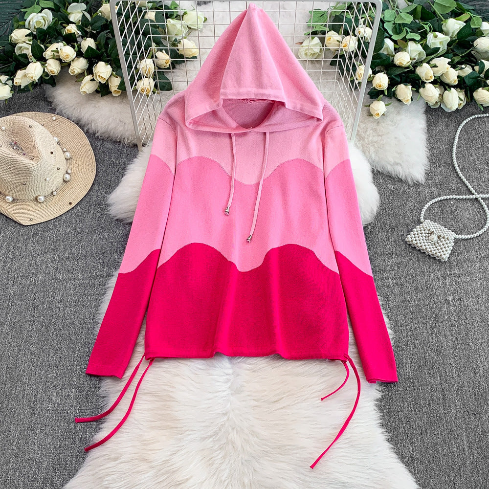 Women's casual set: new design drawstring waist color block hooded long sleeve sweatshirt two-piece set with high-waisted wide leg pants