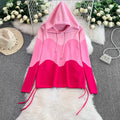 Women's casual set: new design drawstring waist color block hooded long sleeve sweatshirt two-piece set with high-waisted wide leg pants