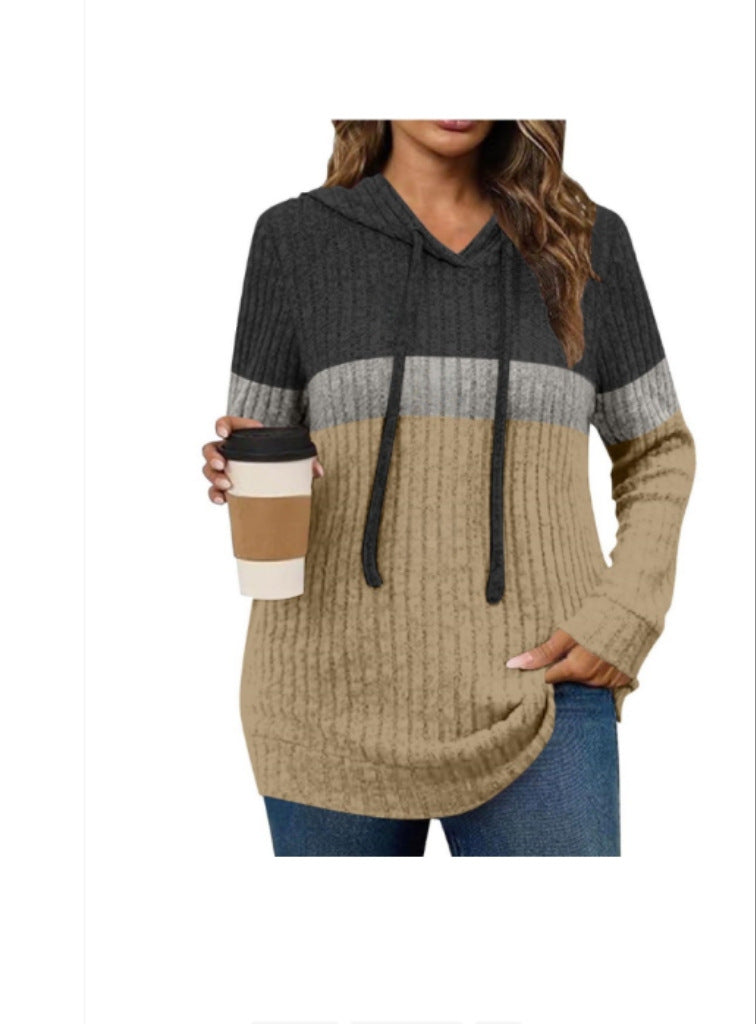 cross-border women's fashion color block warm knit pullover long sleeve hoodie top