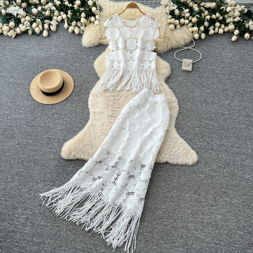 Retrolacecut outflowers tasseltwo-piece set women's summer pure desire sleeveless vest skirtelegantsuit